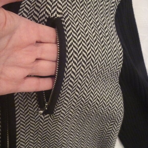 Lauren Women M Herringbone Black White Sweater Cardigan Zip Ribbed Colorblock - Picture 8 of 16
